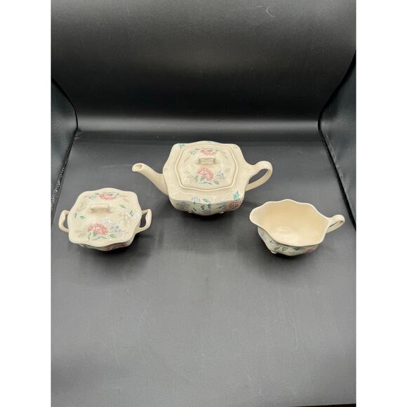 Vintage Johnson Brothers Pink Floral Covered Teapot, Sugar&Creamer Set - Picture 2 of 10